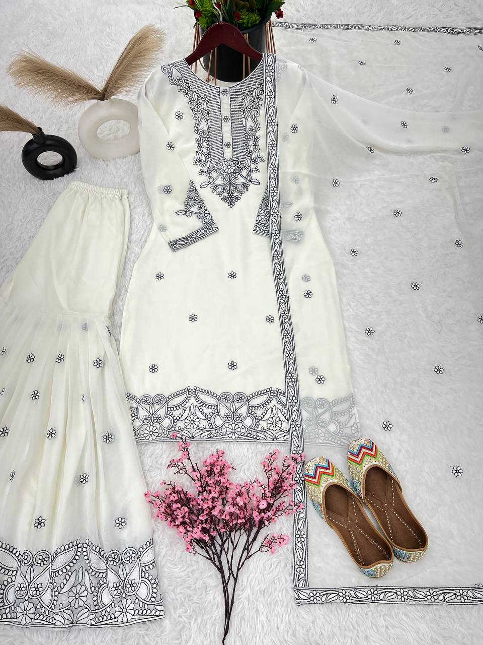 Malty Thread Embroidery Work White Color Sharara Suit