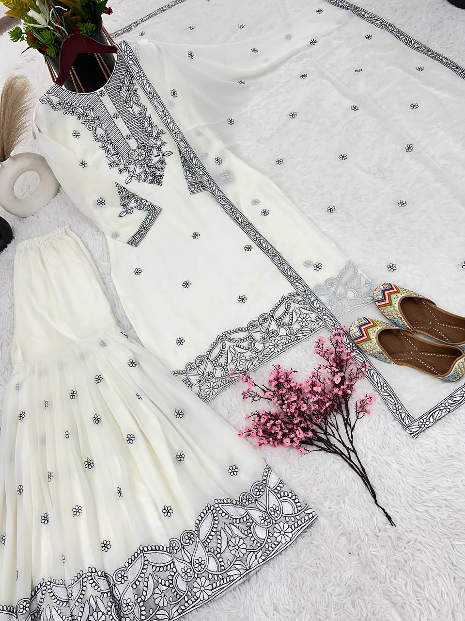 Malty Thread Embroidery Work White Color Sharara Suit