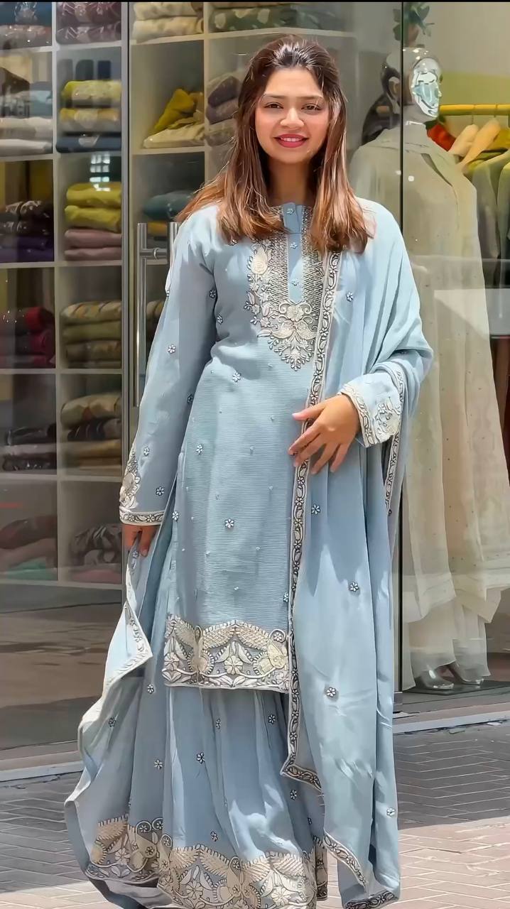 Malty Thread Embroidery Work Sky Blue Color Sharara Suit