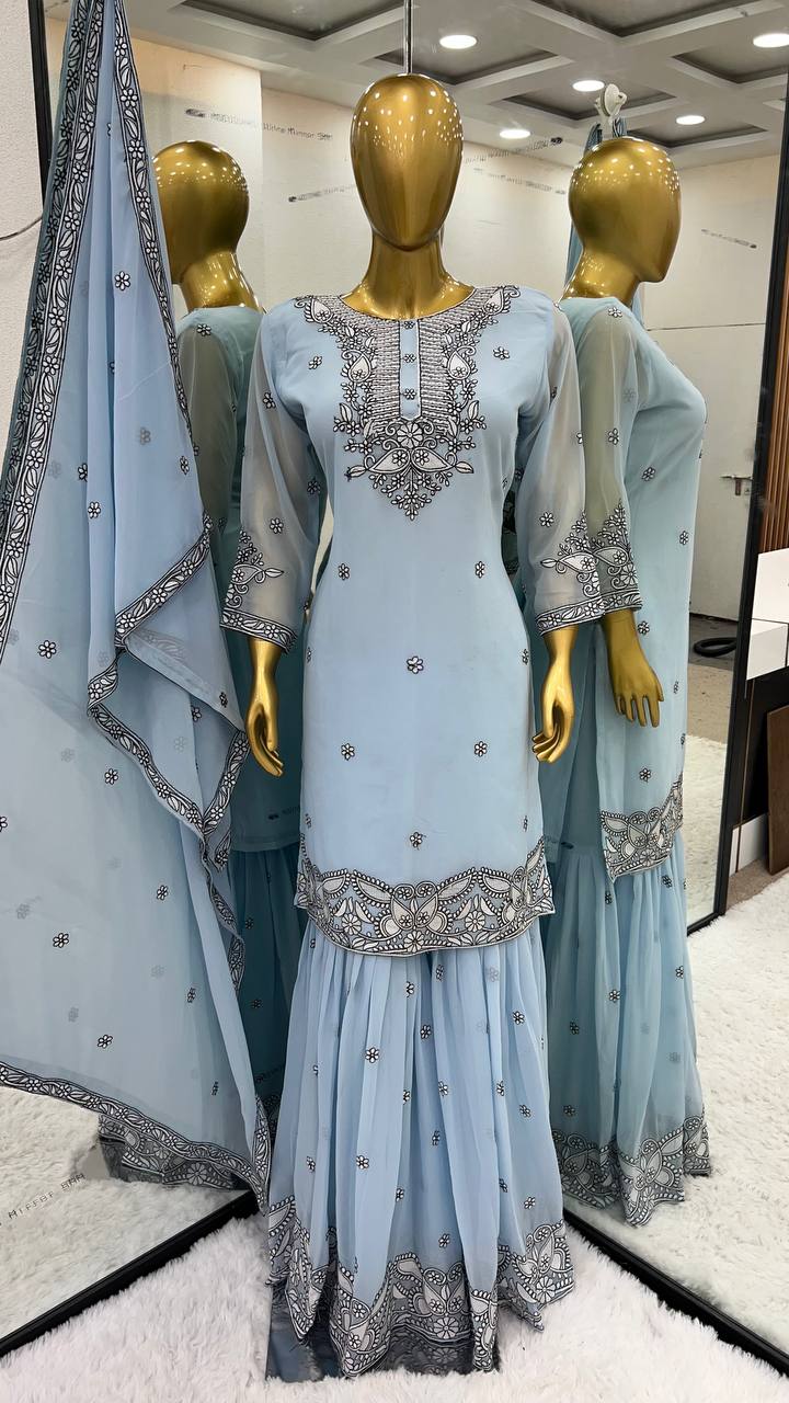 Malty Thread Embroidery Work Sky Blue Color Sharara Suit