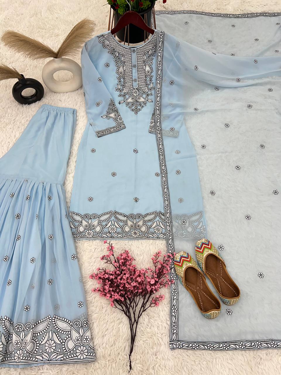 Malty Thread Embroidery Work Sky Blue Color Sharara Suit