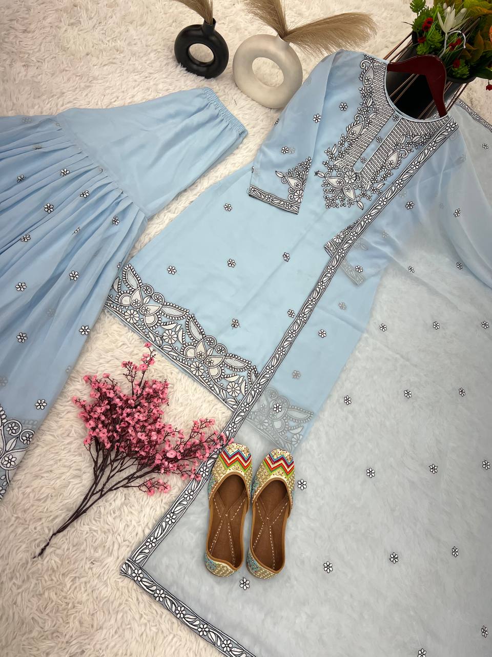 Malty Thread Embroidery Work Sky Blue Color Sharara Suit