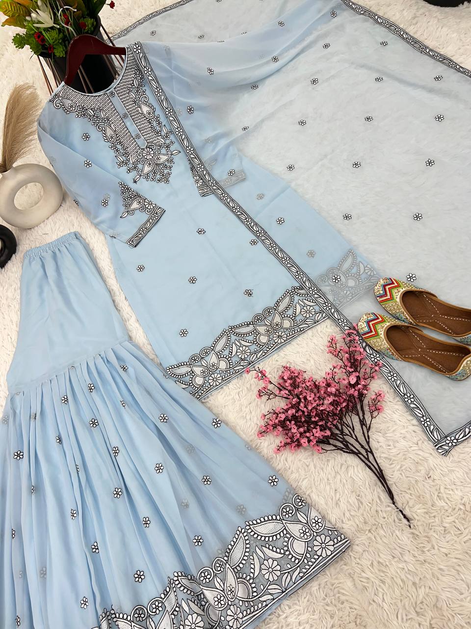 Malty Thread Embroidery Work Sky Blue Color Sharara Suit