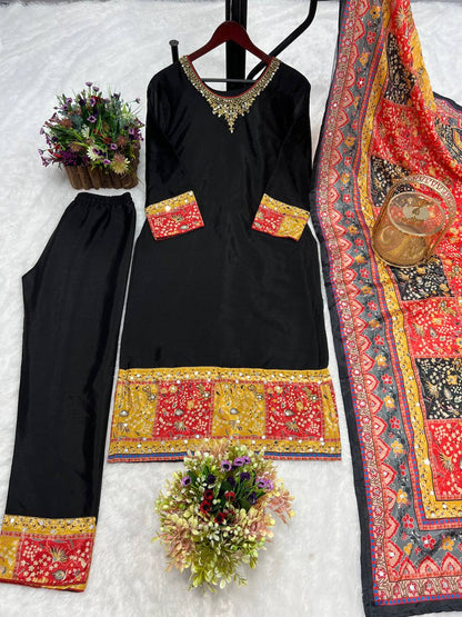 Trendy Black Color Kurti Set With Multi Print Dupatta