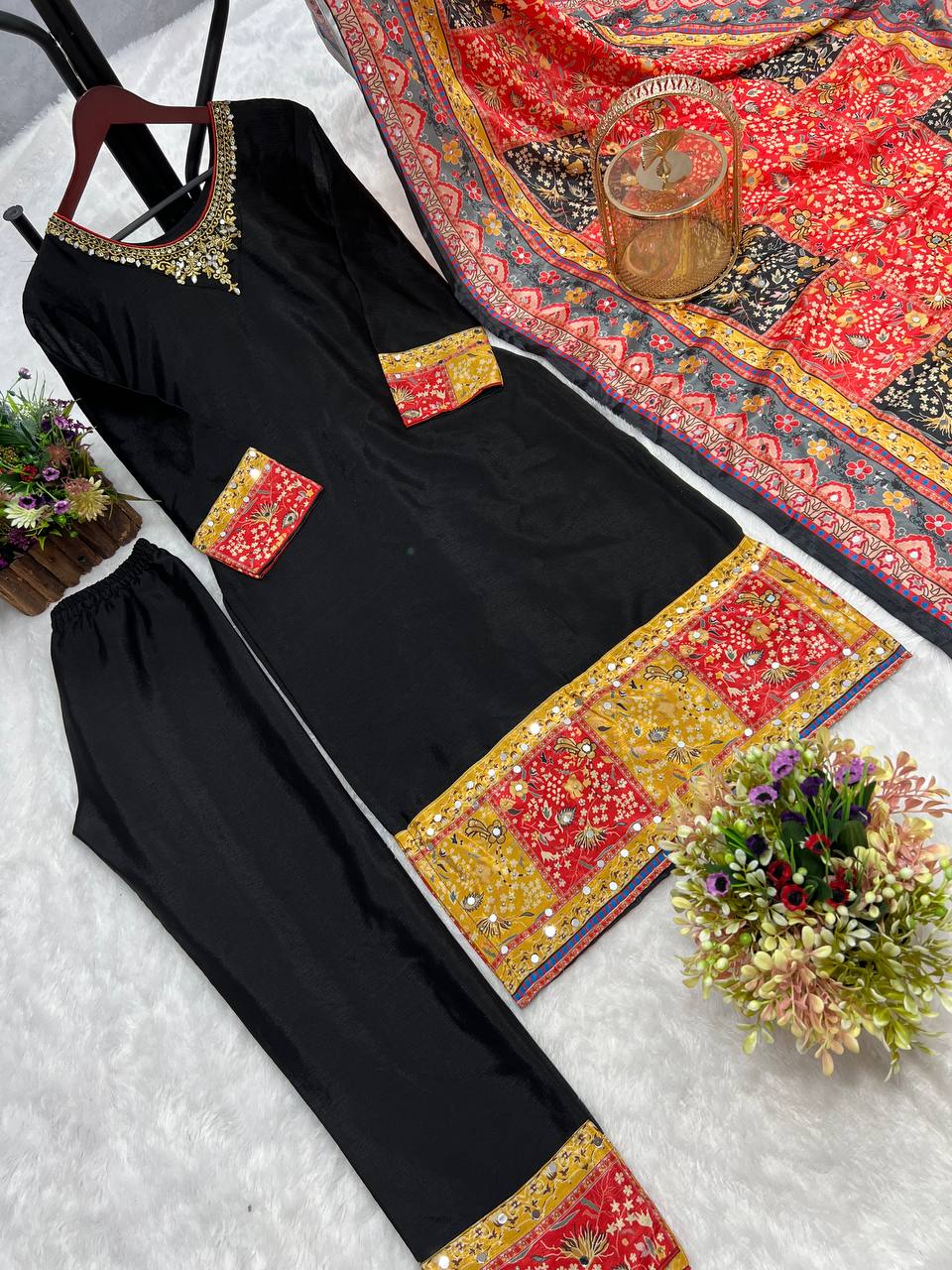 Trendy Black Color Kurti Set With Multi Print Dupatta