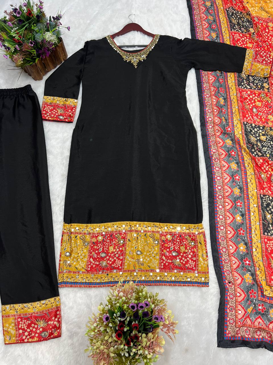 Trendy Black Color Kurti Set With Multi Print Dupatta