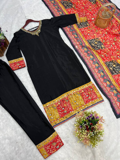 Trendy Black Color Kurti Set With Multi Print Dupatta