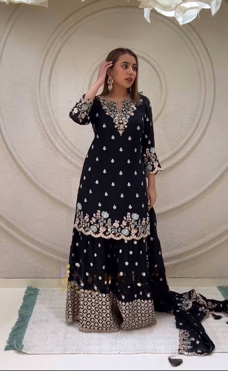 Fancy Multi Thread Sequence Work Black Color Sharara Suit