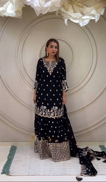 Fancy Multi Thread Sequence Work Black Color Sharara Suit