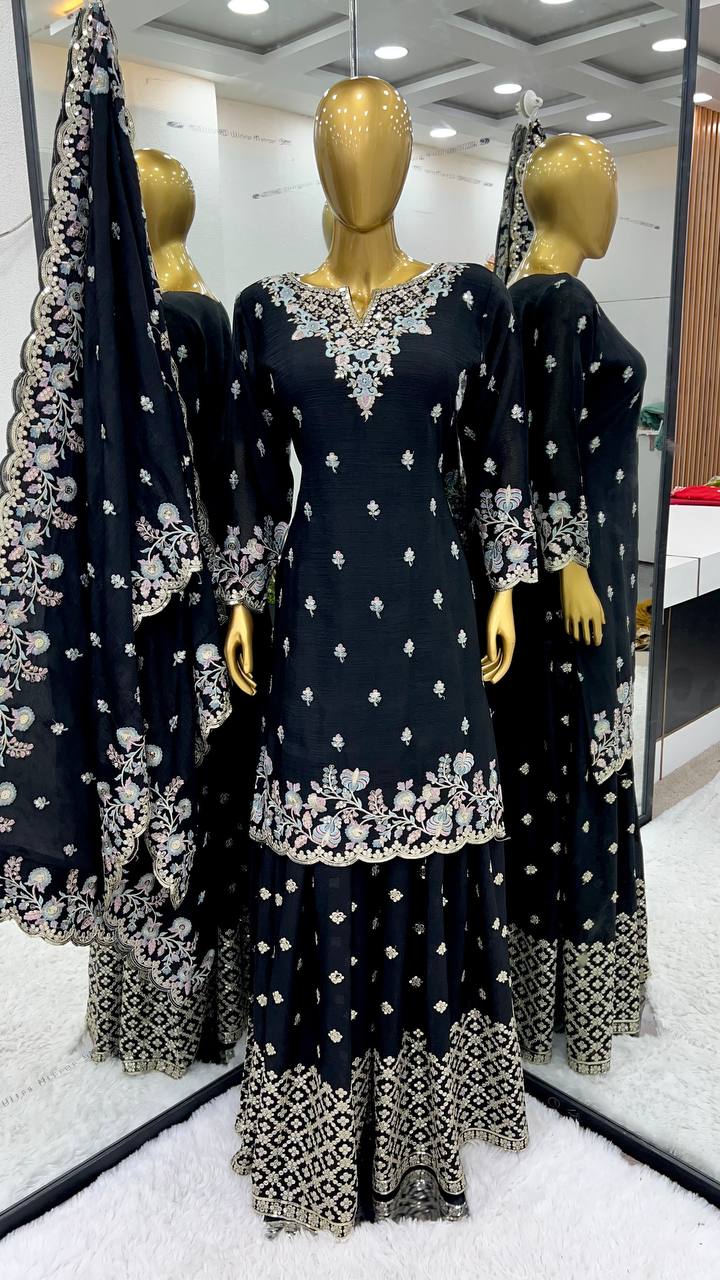 Fancy Multi Thread Sequence Work Black Color Sharara Suit