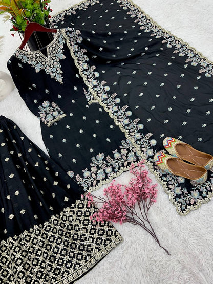 Fancy Multi Thread Sequence Work Black Color Sharara Suit