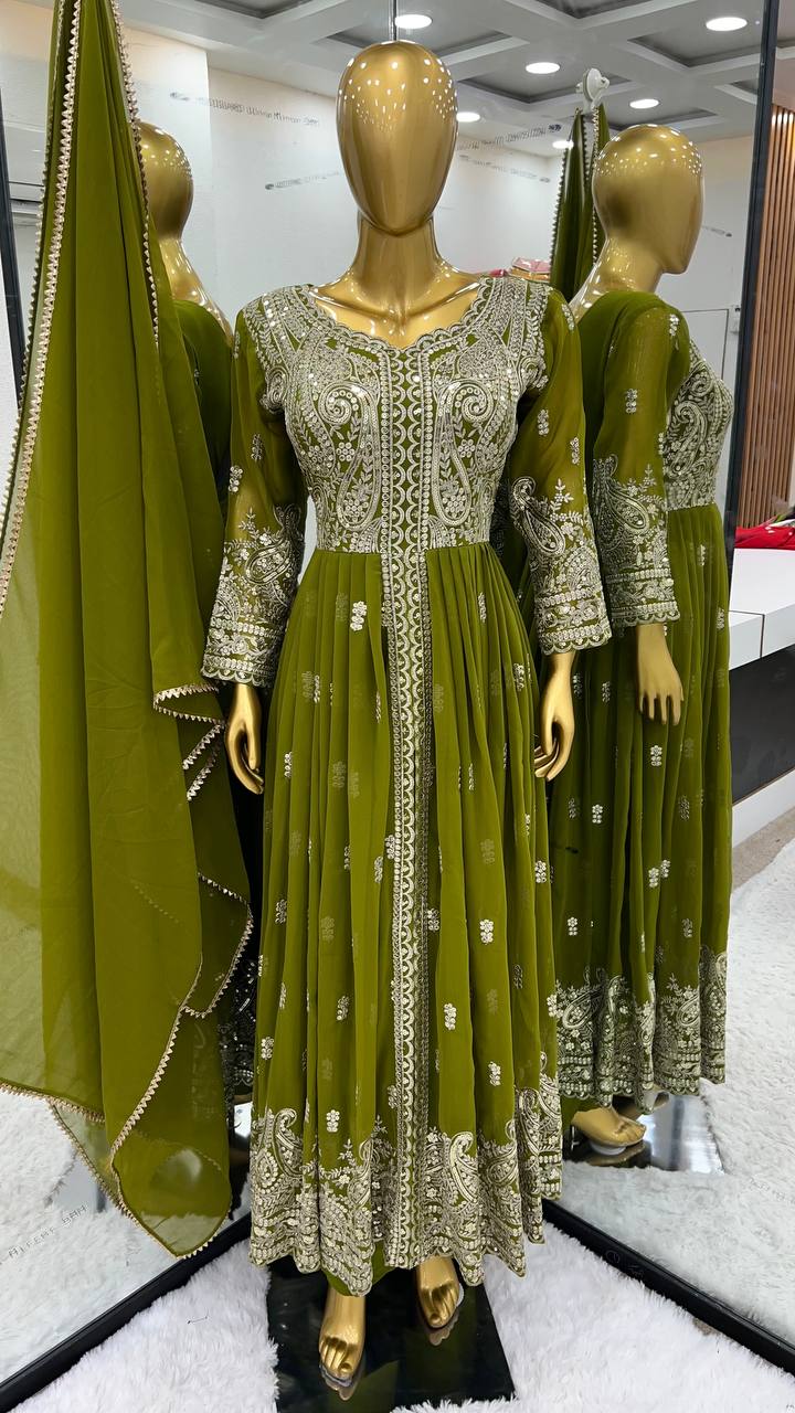 Heavy Embroidery Work Mehndi Color Front Cut Long Gown