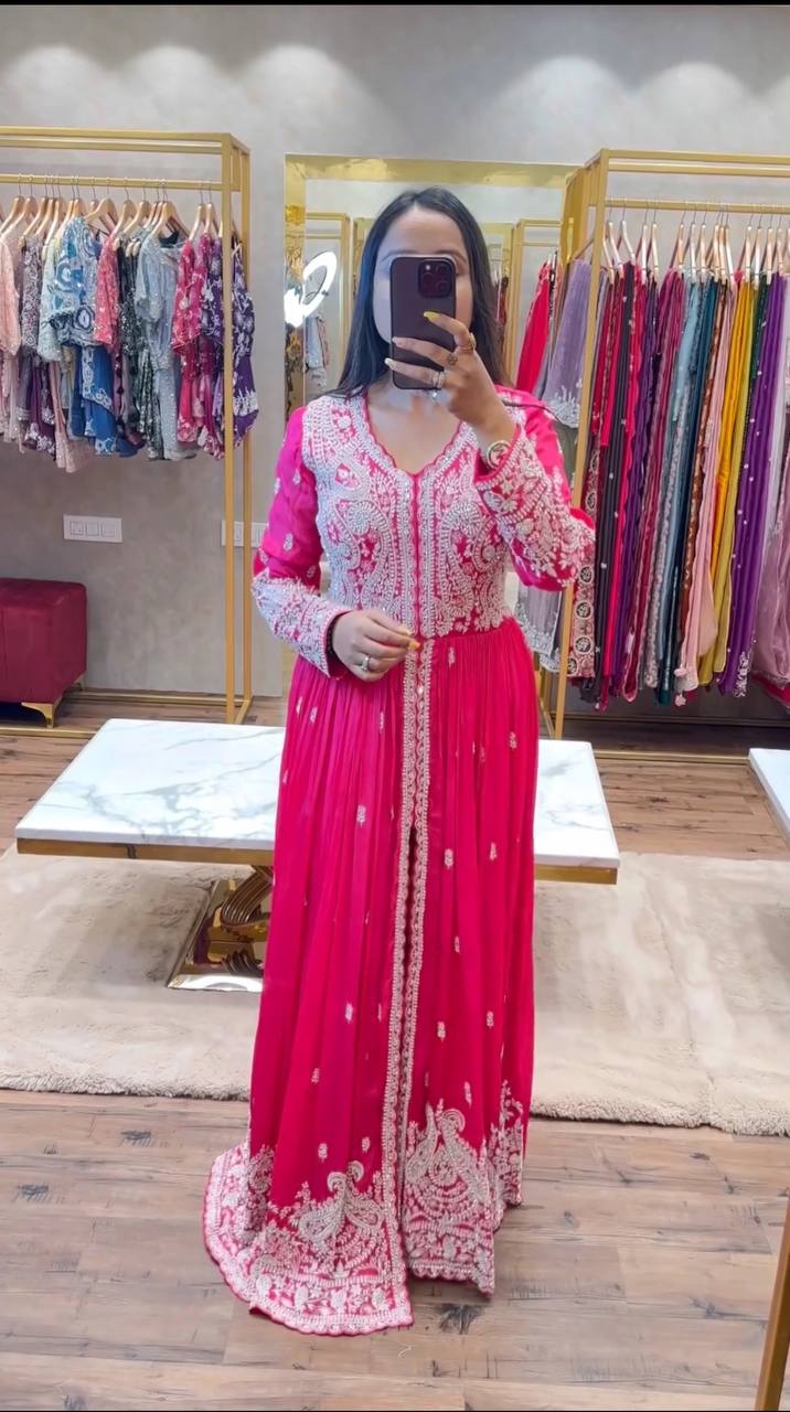 Heavy Embroidery Work Pink Color Front Cut Long Gown