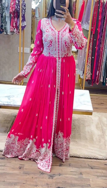 Heavy Embroidery Work Pink Color Front Cut Long Gown