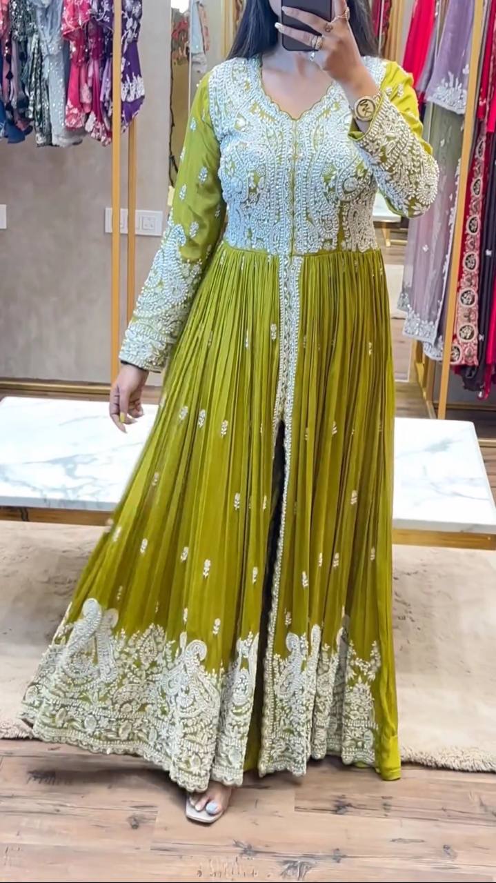 Heavy Embroidery Work Mehndi Color Front Cut Long Gown