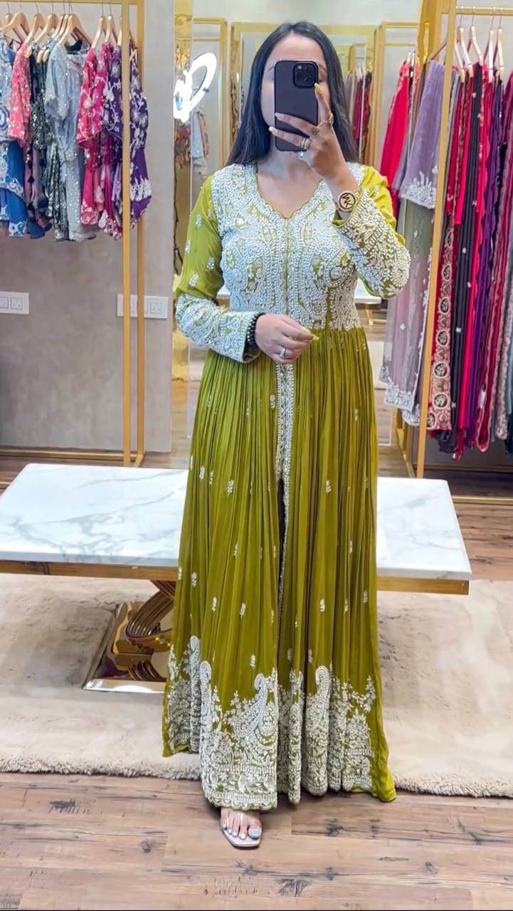 Heavy Embroidery Work Mehndi Color Front Cut Long Gown