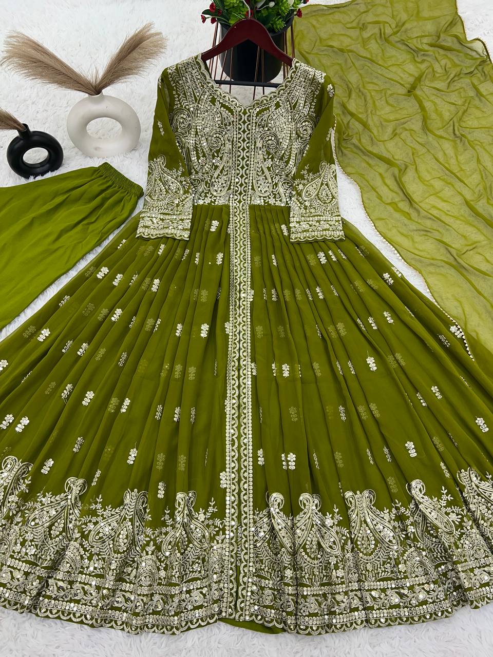 Heavy Embroidery Work Mehndi Color Front Cut Long Gown