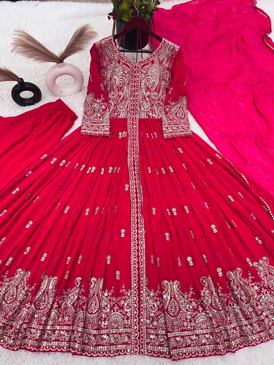 Heavy Embroidery Work Pink Color Front Cut Long Gown