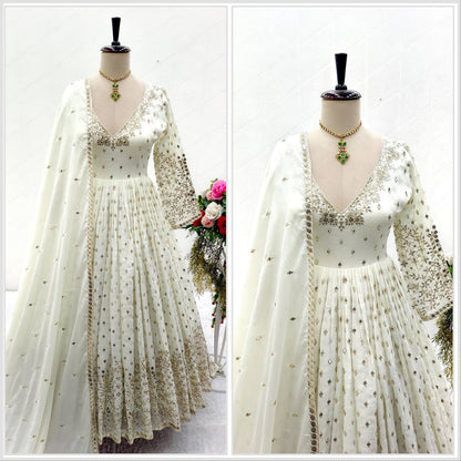 Beautiful Embroidery Work White Color Long Gown