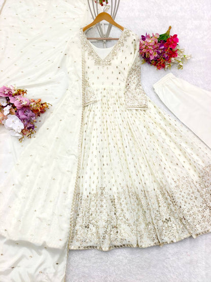 Beautiful Embroidery Work White Color Long Gown