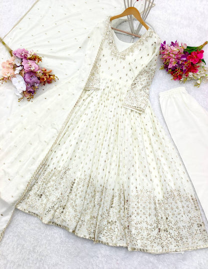 Beautiful Embroidery Work White Color Long Gown