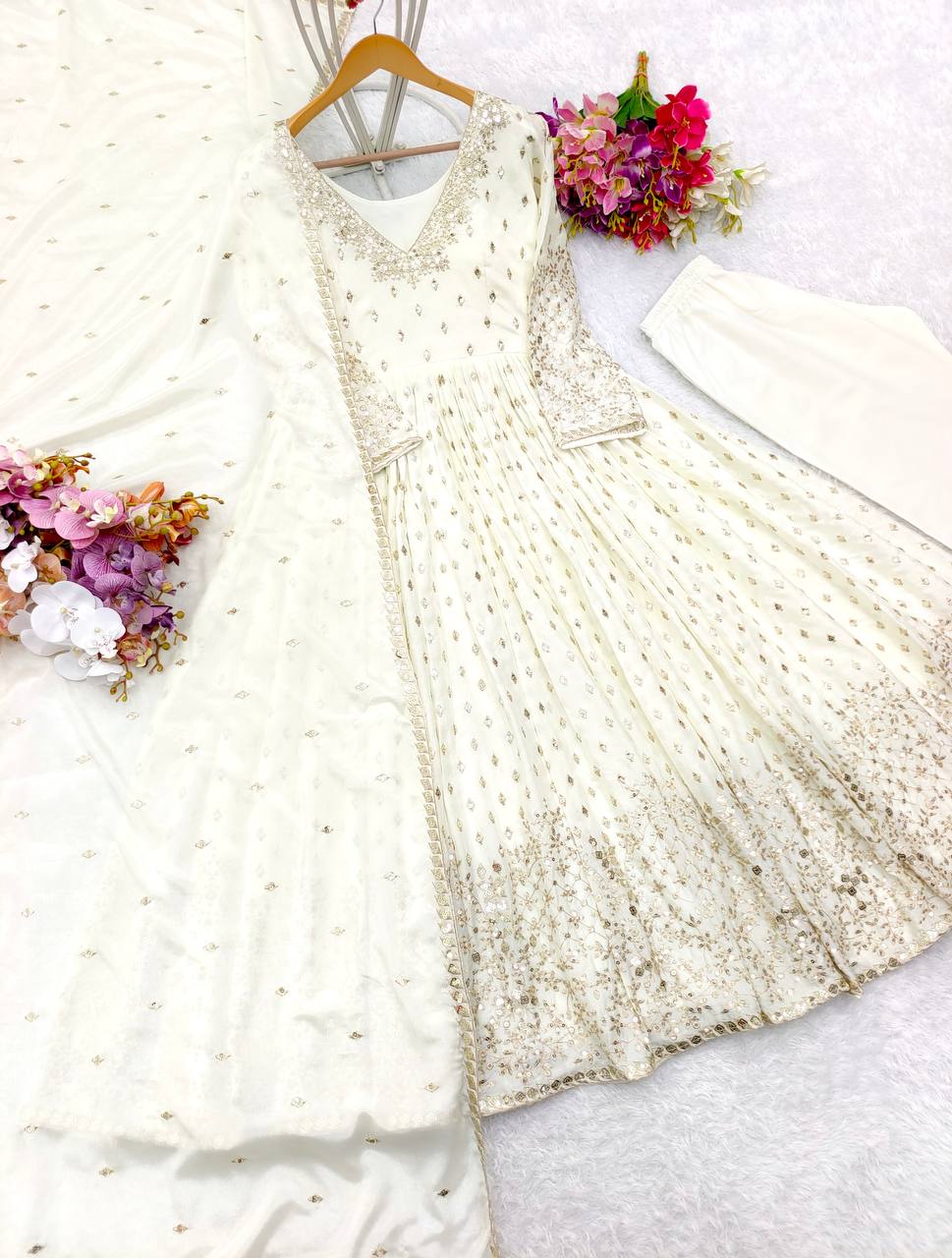 Beautiful Embroidery Work White Color Long Gown