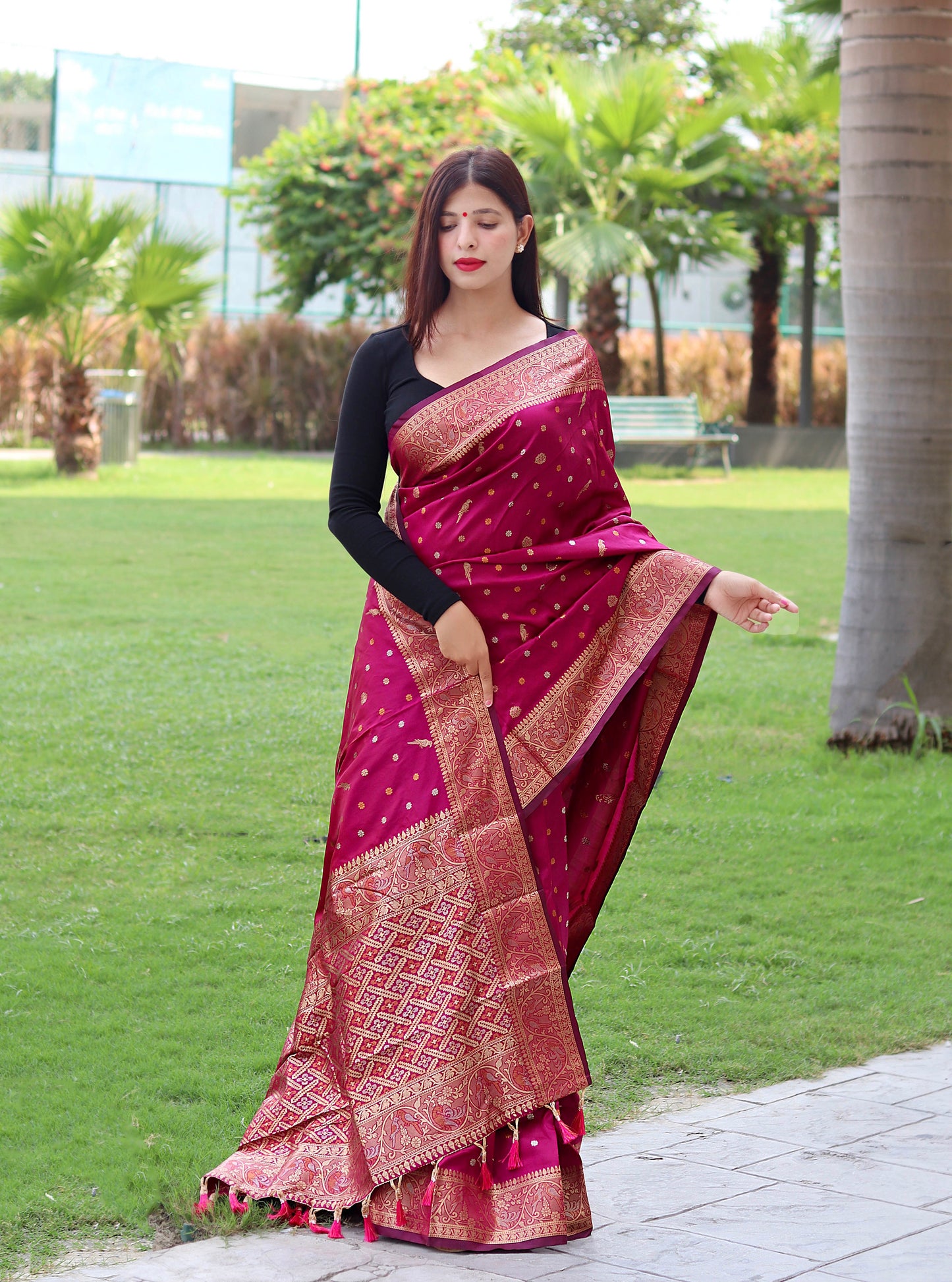 Latest Copper And Golden Zari Weave Border Pink Saree