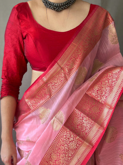 Linen Weaving Contrast Border Pink Color Saree