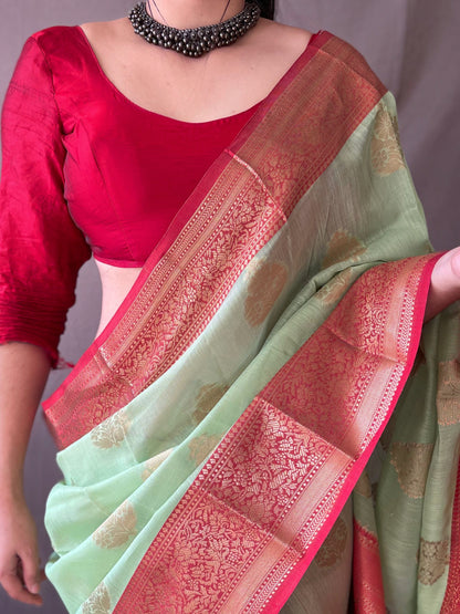 Linen Weaving Contrast Border Pista Color Saree