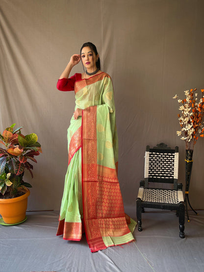 Linen Weaving Contrast Border Pista Color Saree