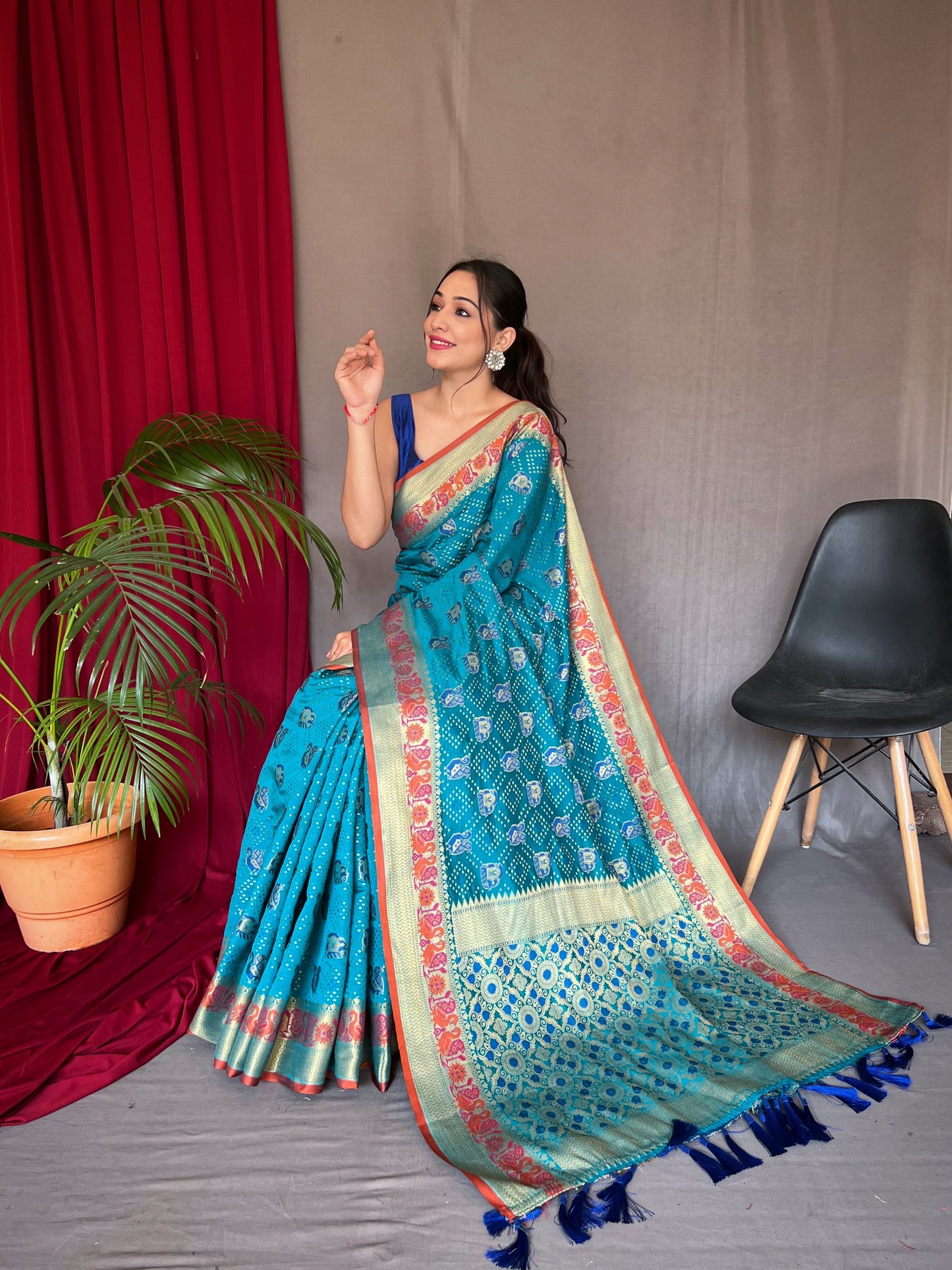 Wedding Wear Sky Blue Color Kachi Patola Silk Saree