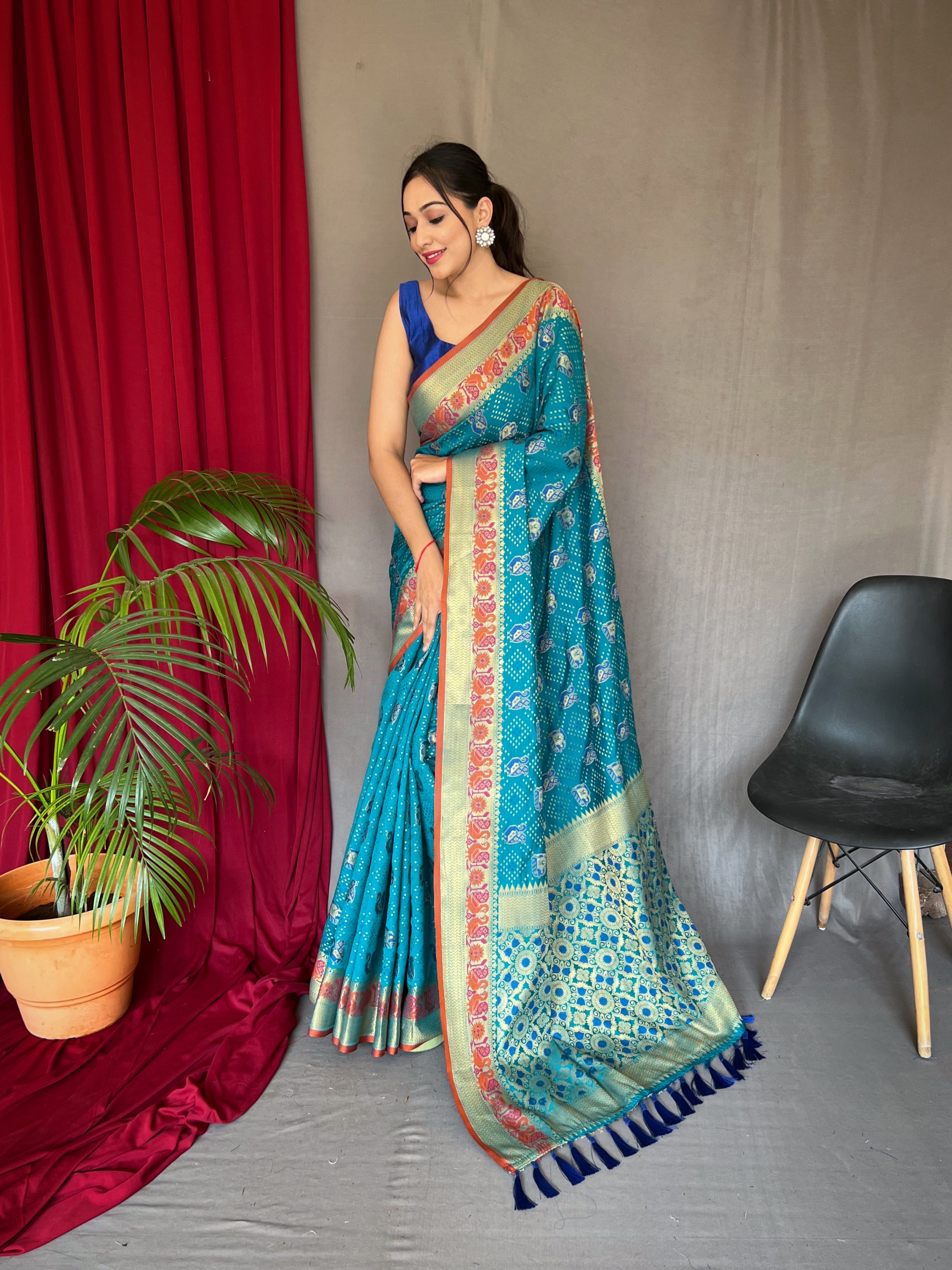 Wedding Wear Sky Blue Color Kachi Patola Silk Saree