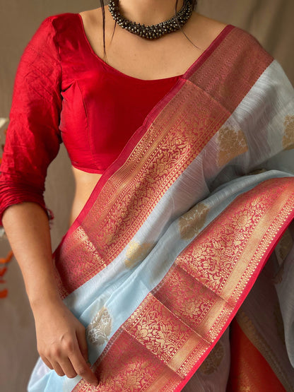 Linen Weaving Contrast Border Sky Blue Color Saree