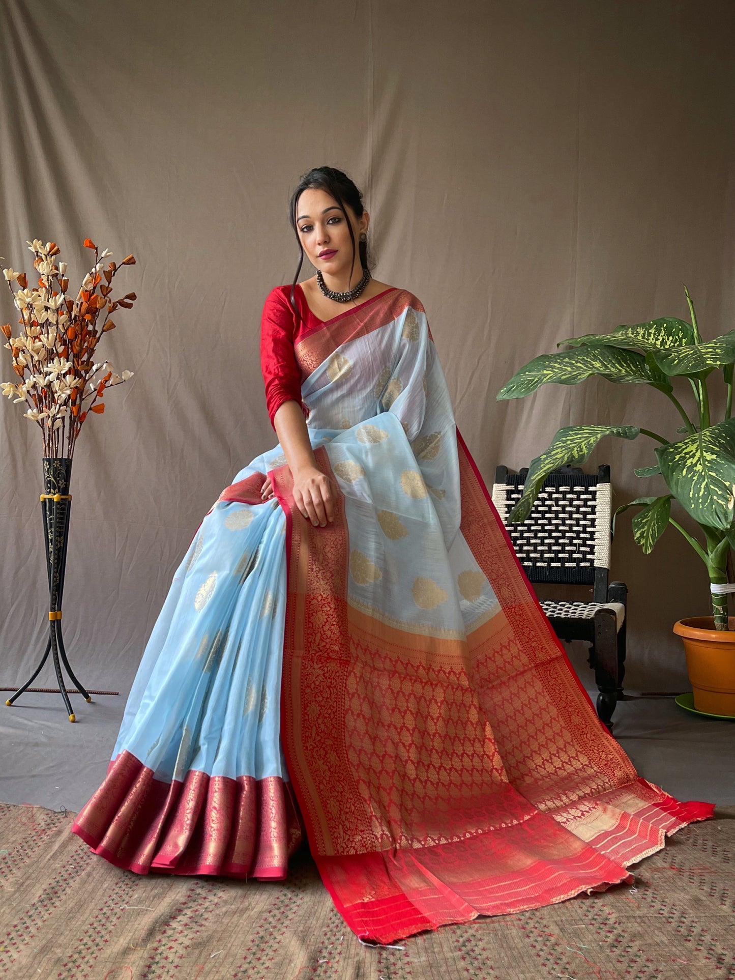 Linen Weaving Contrast Border Sky Blue Color Saree