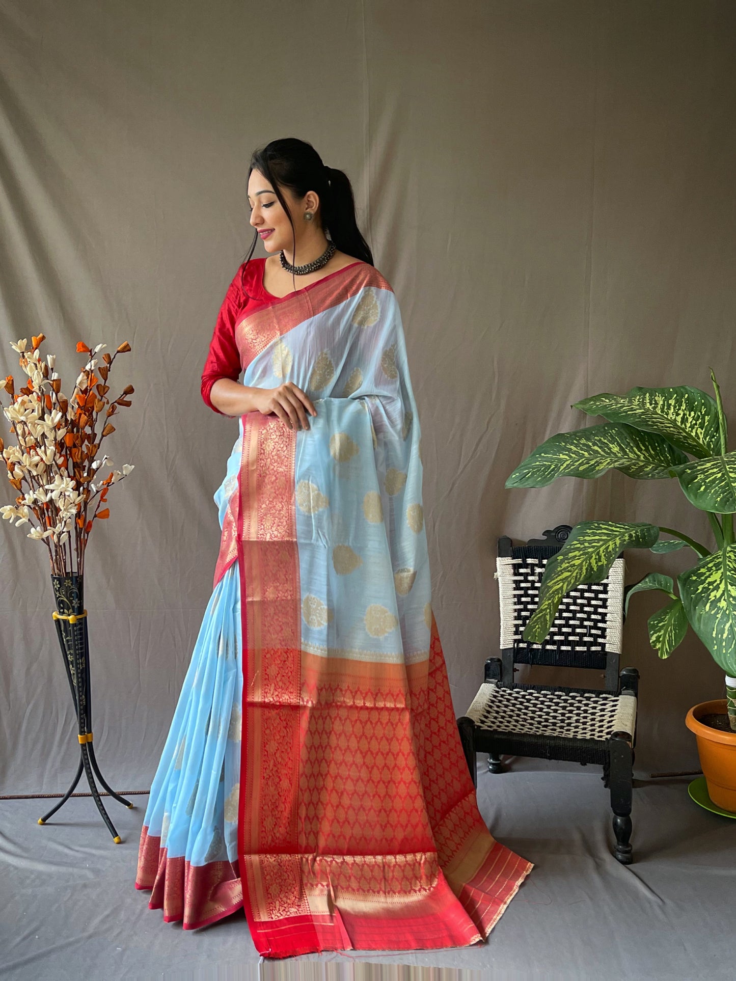 Linen Weaving Contrast Border Sky Blue Color Saree