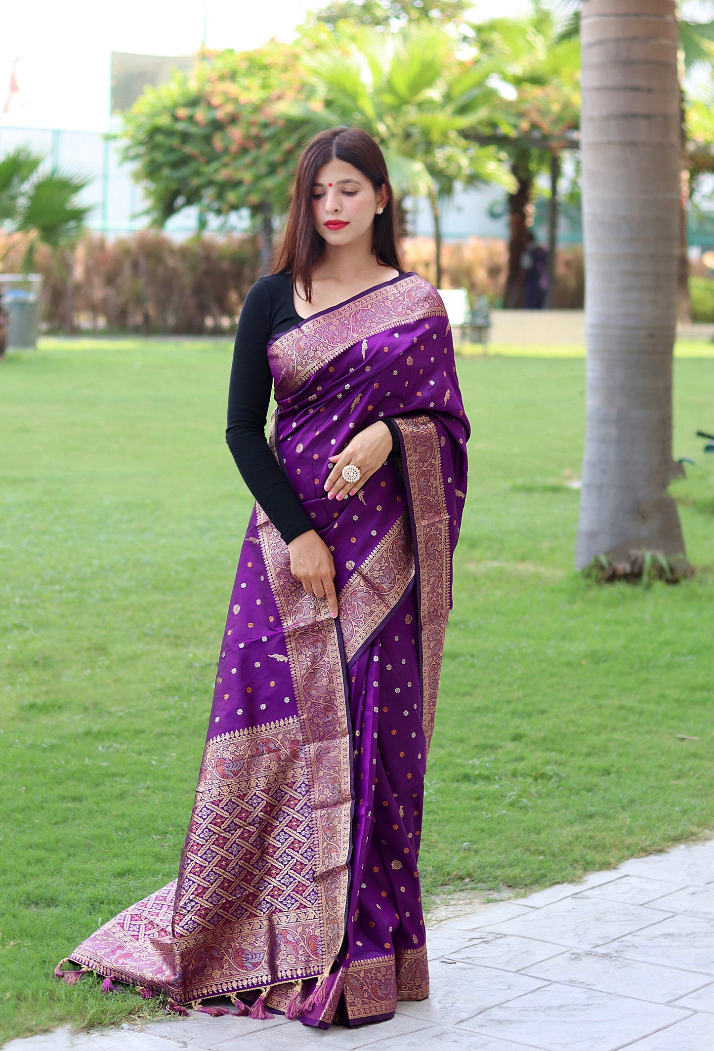 Latest Copper And Golden Zari Weave Border Wine Saree