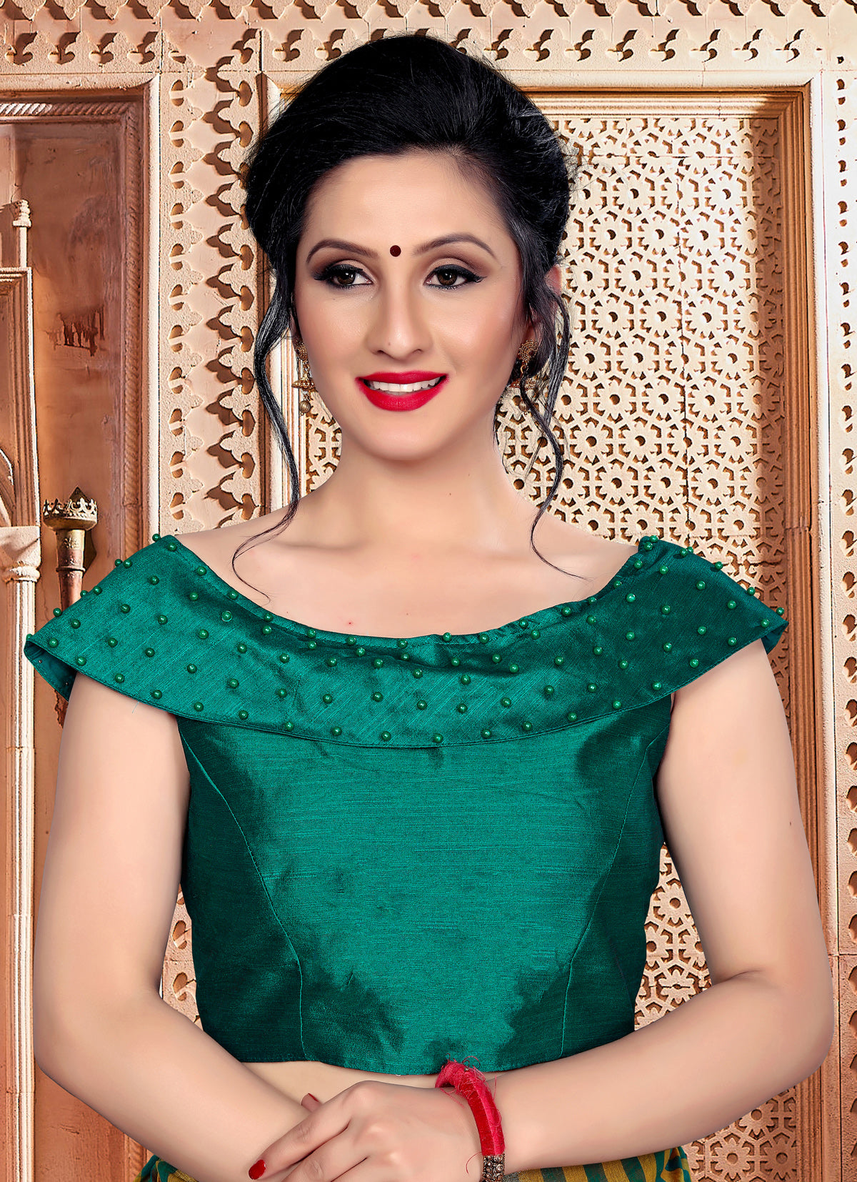 Trendy Green Moti Work Stitched Malabari Silk Blouse