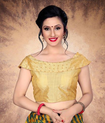 Trendy Beige Moti Work Stitched Malabari Silk Blouse