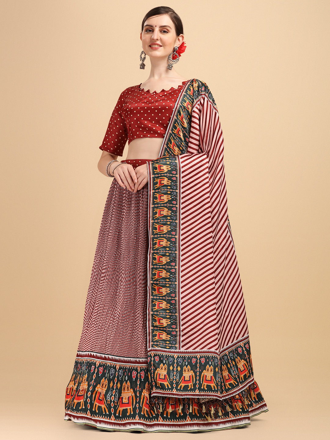 Stylish Maroon Color Digital Printed Crushed Lehenga Choli