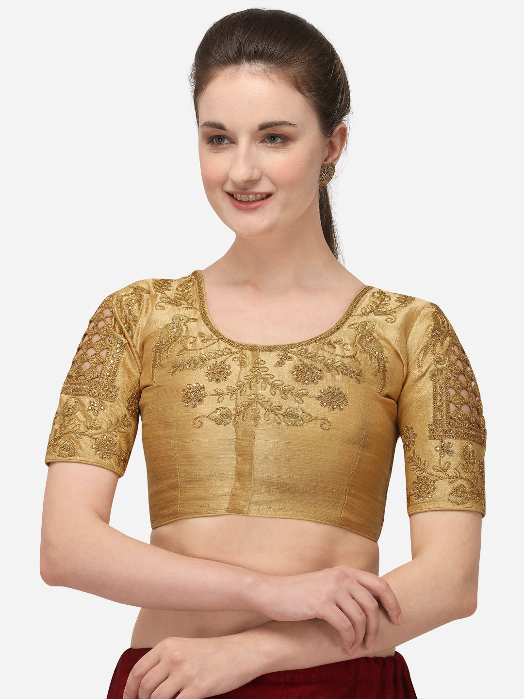 Beige Color Birds Design Embroidered Blouse