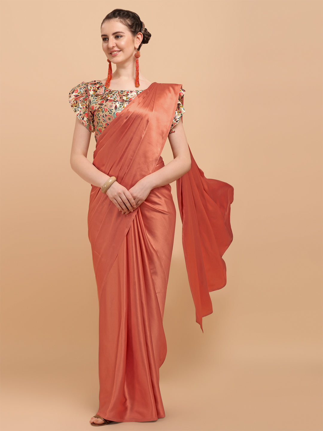 Tomato Color Fantastic Silk Saree With Printed Blouse