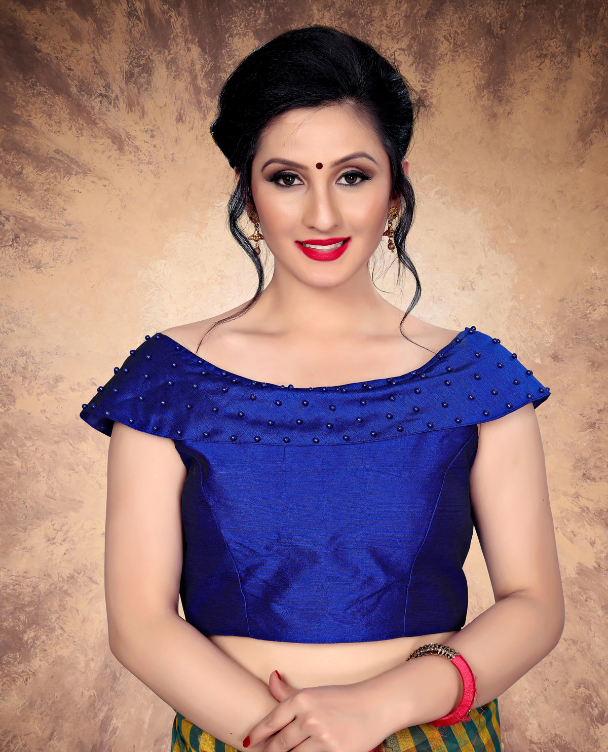 Trendy Blue Moti Work Stitched Malabari Silk Blouse