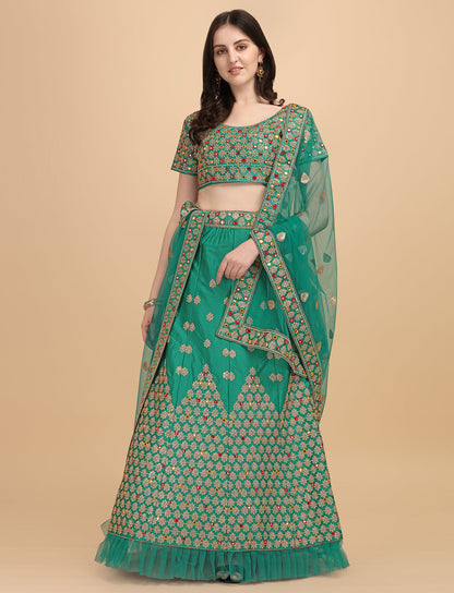 Mirror Embroidery Work Green Color Lehenga Choli