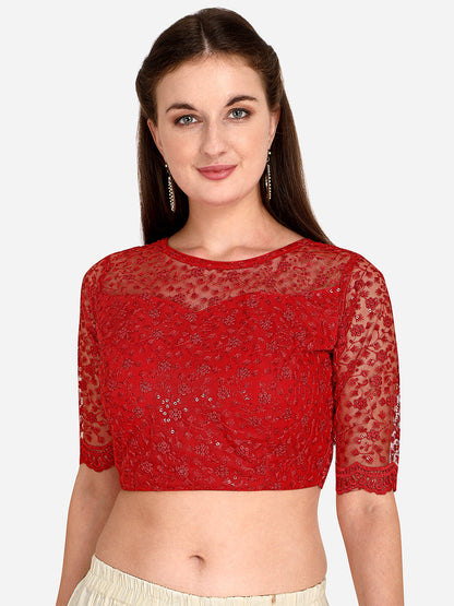 Stylish Red Color Embroidered & Sequence Work Net Blouse