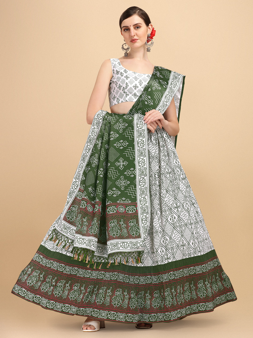 Digital Printed White & Green Color Crushed Lehenga Choli