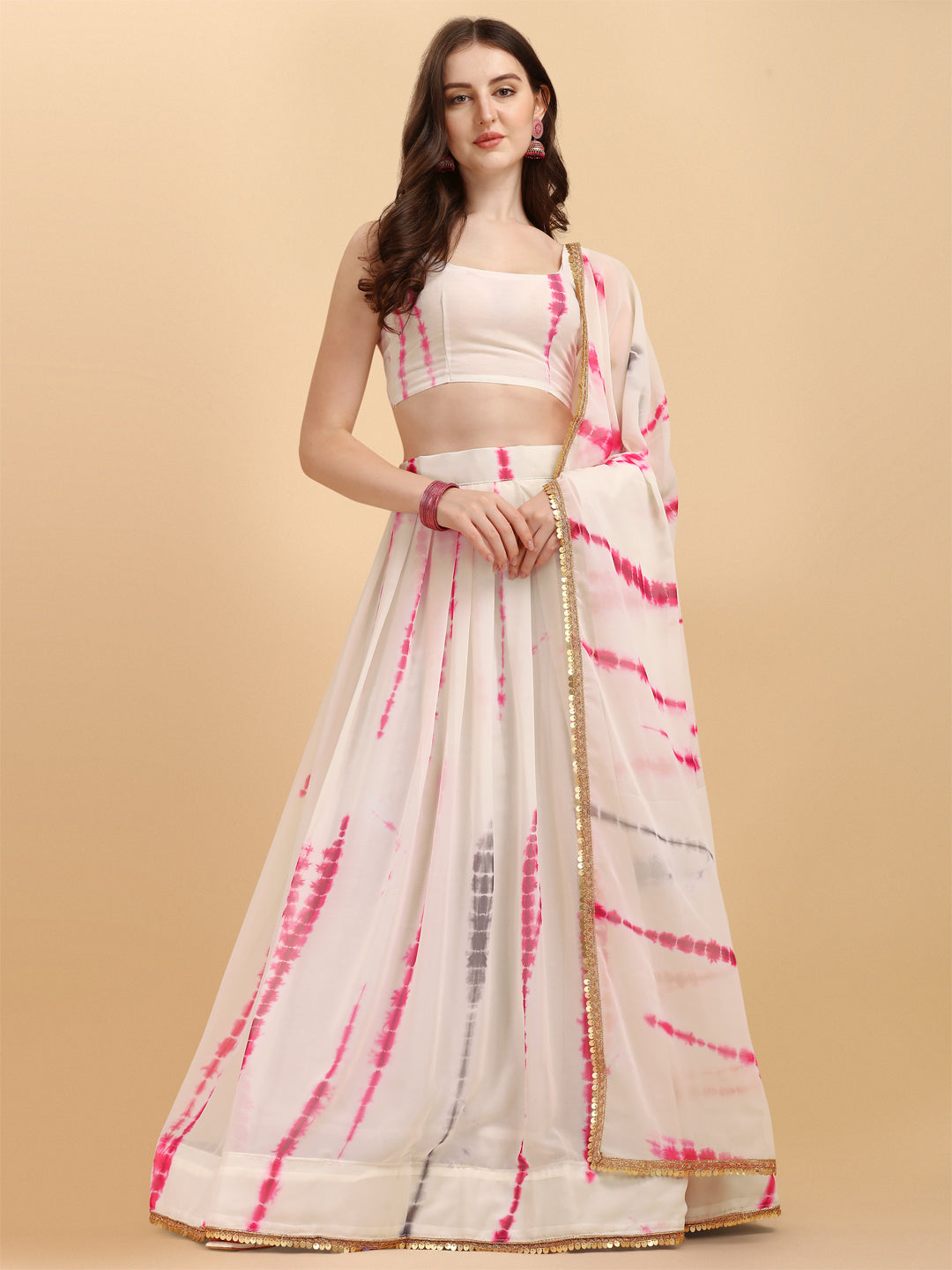 Beautiful Shibori Print White And Pink Color Lehenga Choli