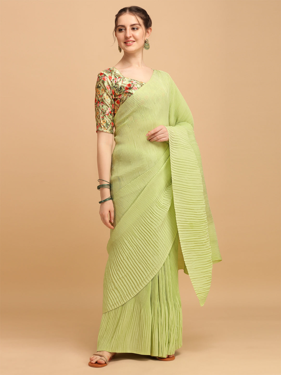 Party Wear Pista Color Pleated Saree