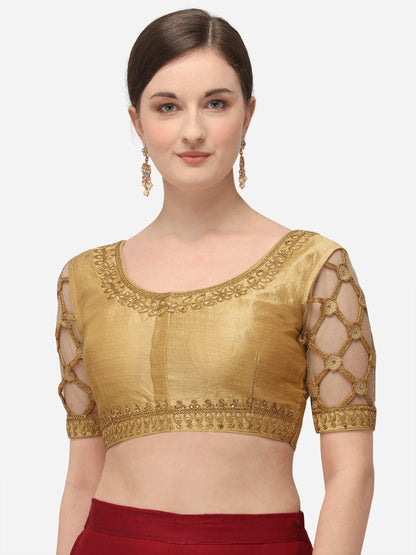 Beige & Gold-Coloured Embroidered Phantom Silk Blouse