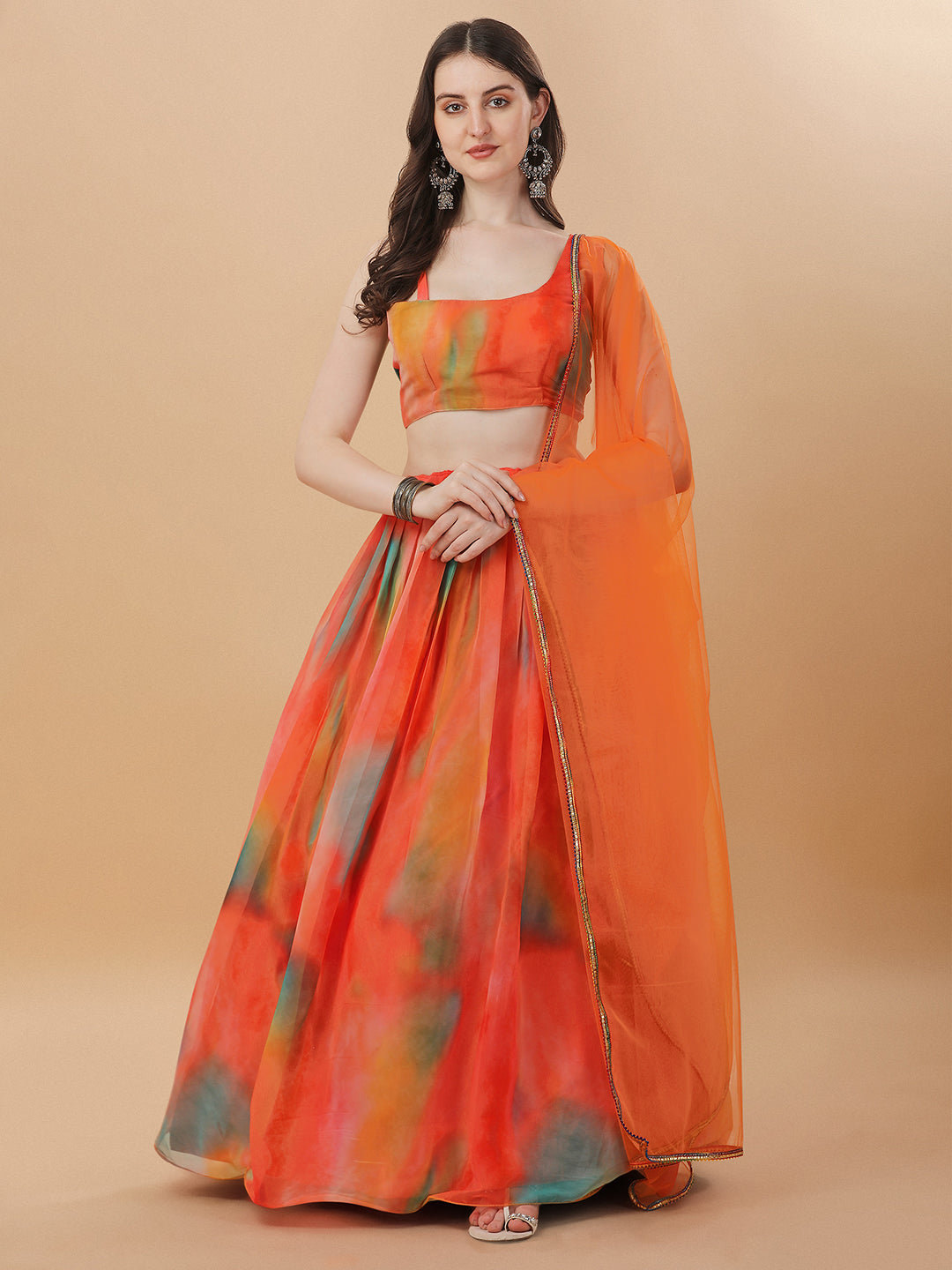 Casual Wear Orange Color Digital Printed Georgette Lehenga Choli