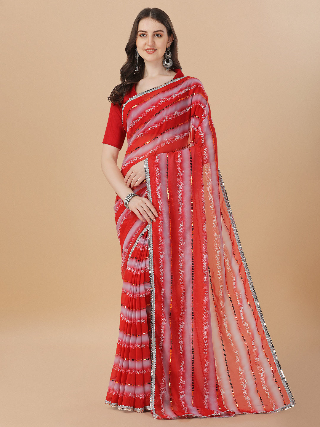 Superhit Sequence Embroidered Printed Red Saree